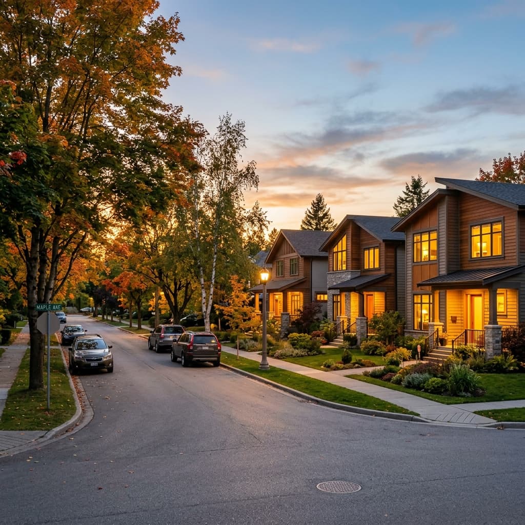 A quiet residential street at dusk