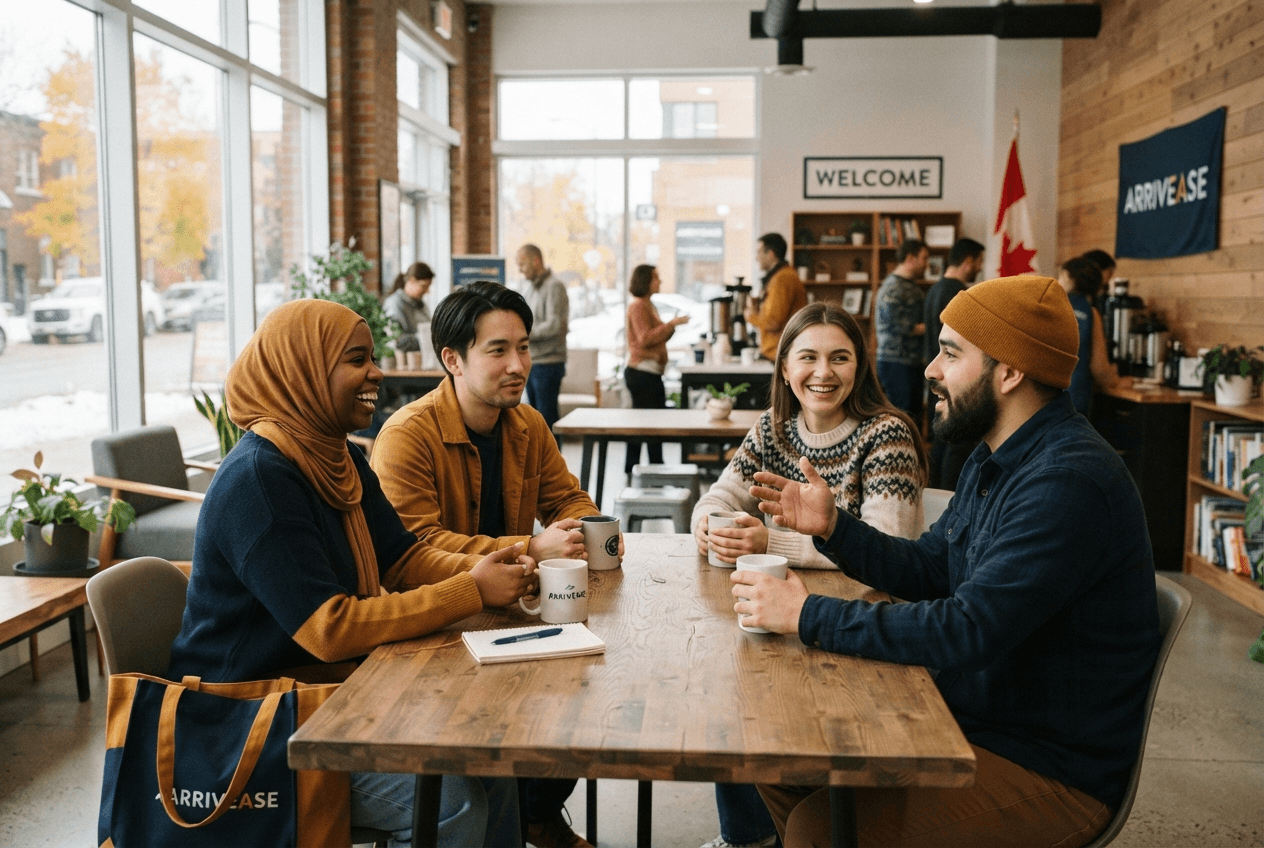 Newcomers and their coordinator catching up over coffee at the ArrivEase welcome space
